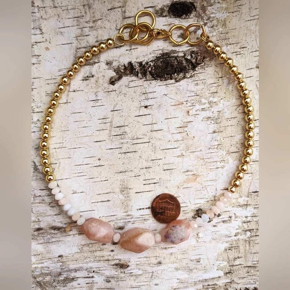 Natural Large Morganite Nugget & Beads With Gold Beads In Choker/Necklace